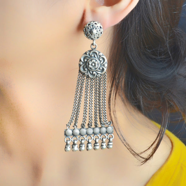 Attractive silver chain earring with silver beads hanging