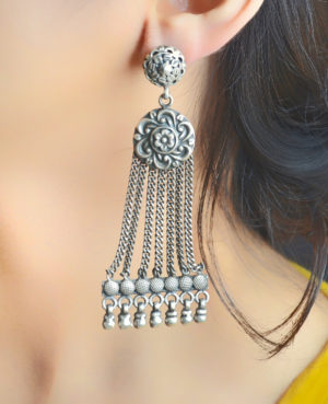 Attractive Chain Silver Earring | Ghungroo Hanging Silver Dangler
