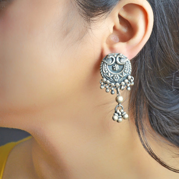 Silver studs with hanging beads & bird motif