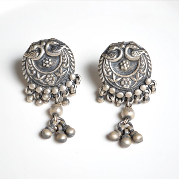 Silver studs with hanging beads & bird motif