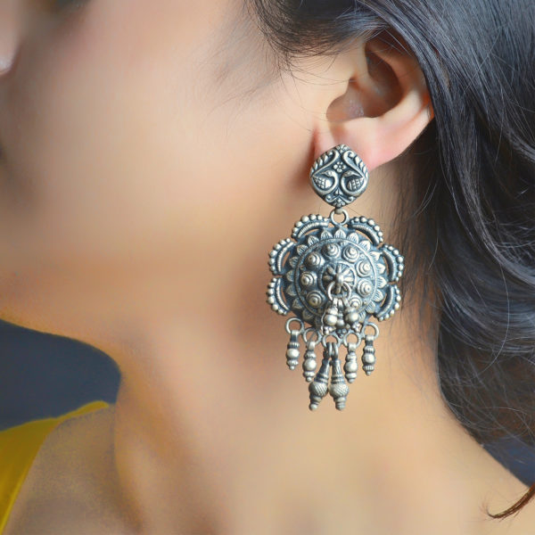 Ethnic old style temple ceiling silver earrings