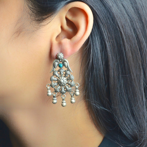 Parrot Silver Earring with Green Pearl | Flowery Wheel Silver Earrings
