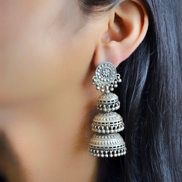 Silver Ethnic Triple Jhumki Earrings | Three Layer Silver Earring