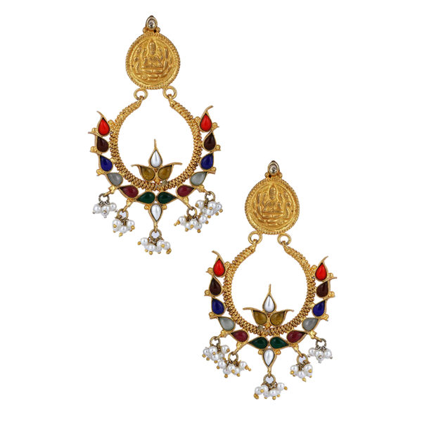 Navaratan gold polished silver temple earrings