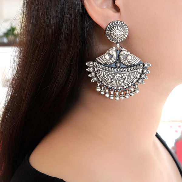 Half round Silver earring with Bird Motif