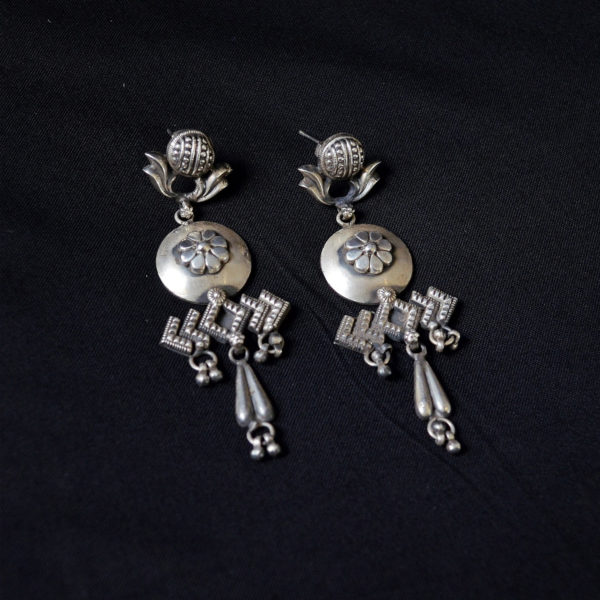 Fancy Silver Earring with Floral Motif | Flower Silver Dangler
