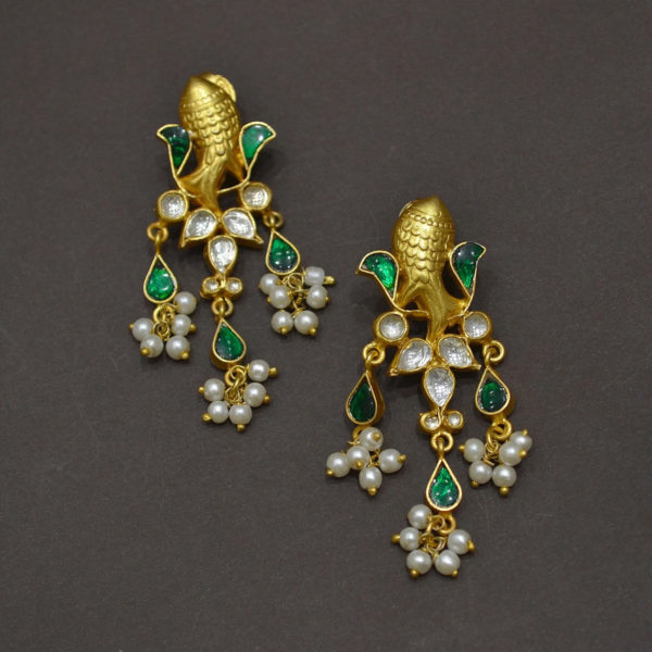 Green and white stone Gold polish Silver earring