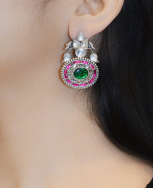 Lovely jadau silver earring | Green and pink jadau stud