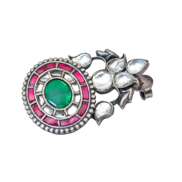 Lovely jadau silver earring | Green and pink jadau stud