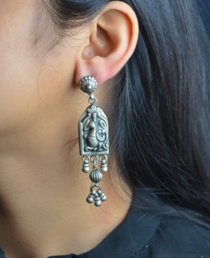 Traditional Earrings with Silver Beads Edge | Peacock Motif Silver Earring