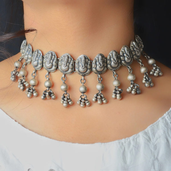 Lord Ganesha Motif Silver Choker | Traditional Design Silver Necklace