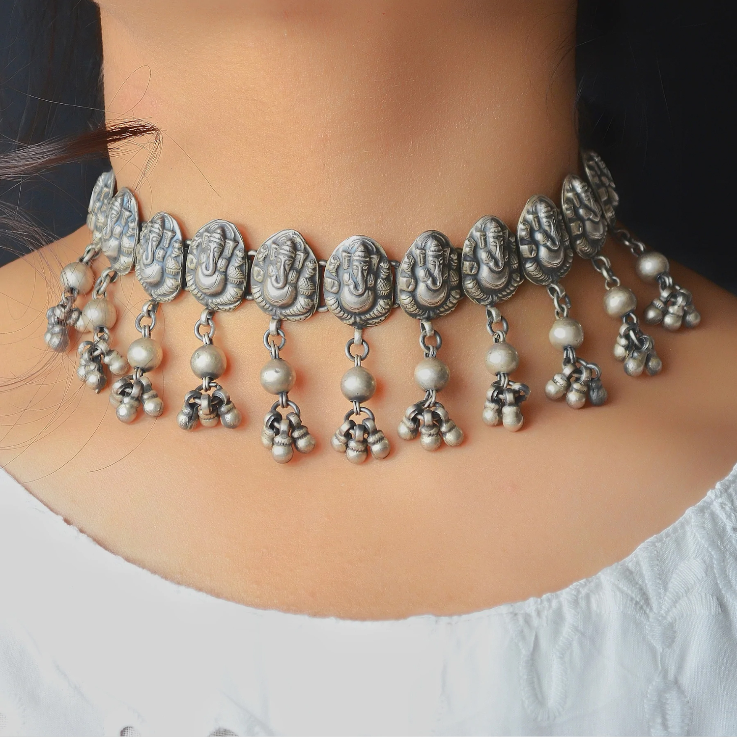 Women's German Silver Oxidised Afghani Style Meenakari Touch Tassel with  Cotton Threads Choker Necklace Set with Earrings