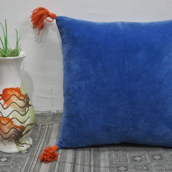 Solid Blue Cushion Cover With Tassels | Velvet Cover For Cushion