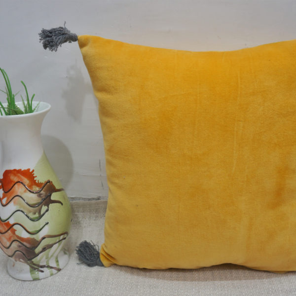 Solid Yellow Velvet Cushion Cover With Tassel