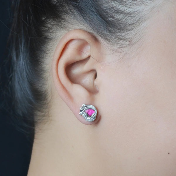 Pink stone small silver stud | Classy silver ear stud