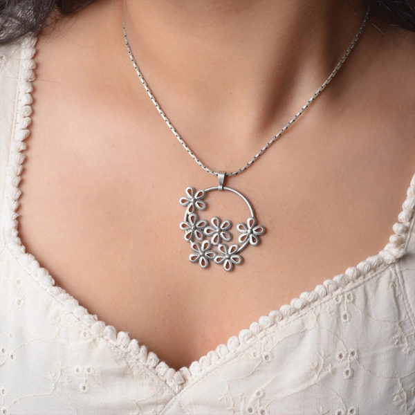 Silver Pendant With Floral Carving | Mini Flower Silver Pendant