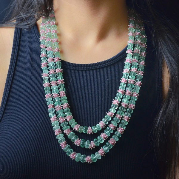 Russian emerald Neckpiece (translucent) | Three layered stunning Bead necklace