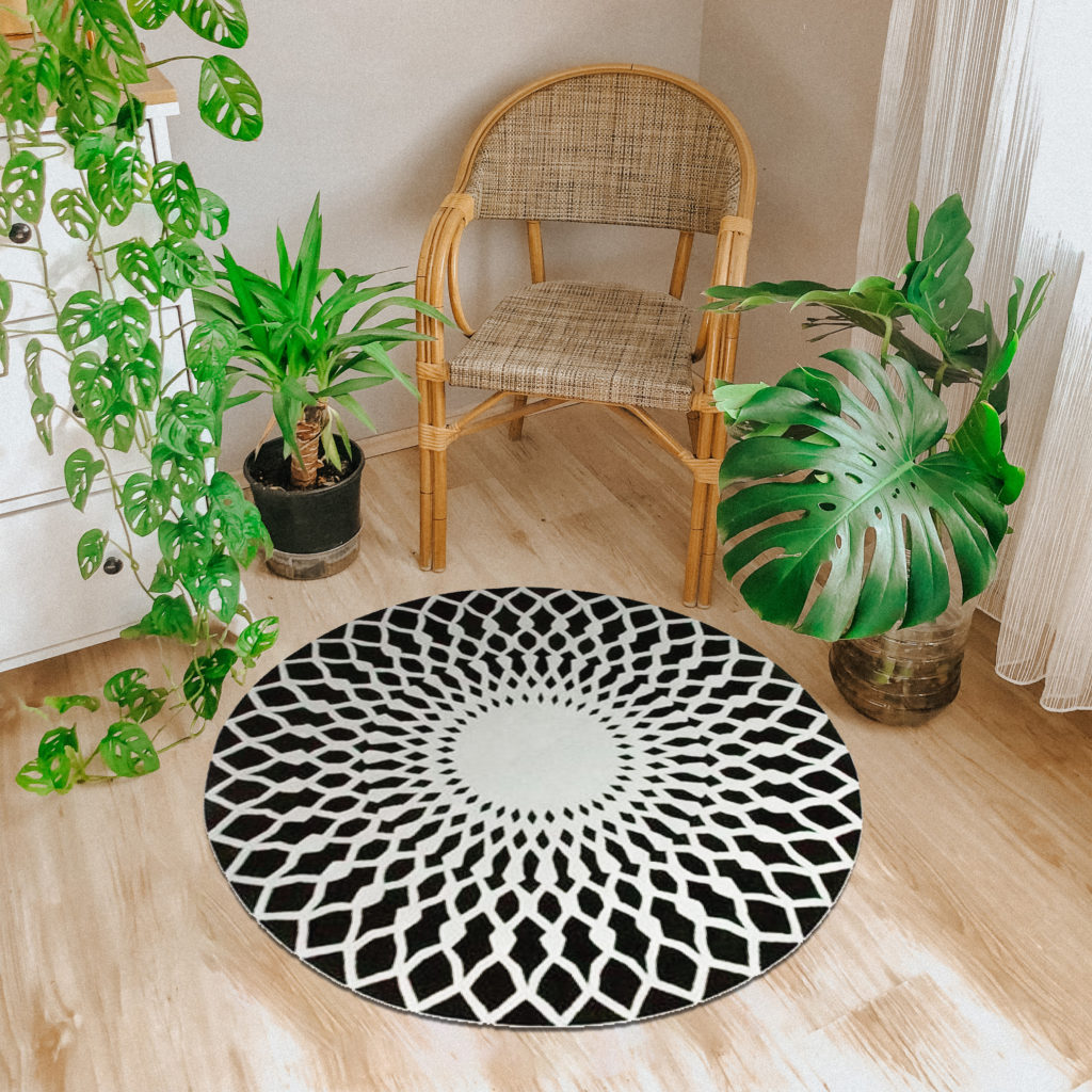 Mandala pattern round carpet Black base white design Woolen carpet