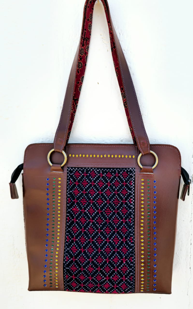Red Hut Leather Bag I Traditional Gujarati Ajrakh Print - Leather Bags -  FOLKWAYS